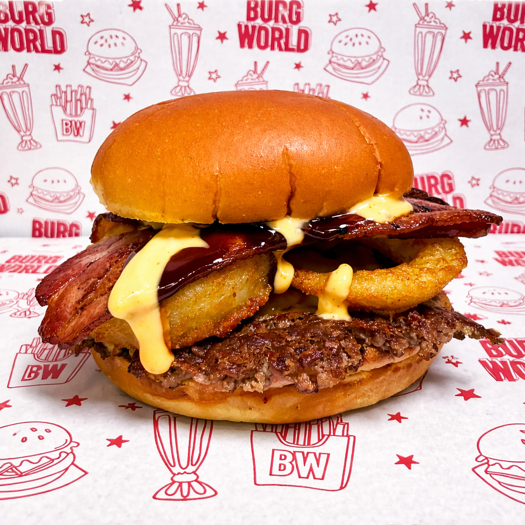 The Bbq Burg with onion rings and bacon